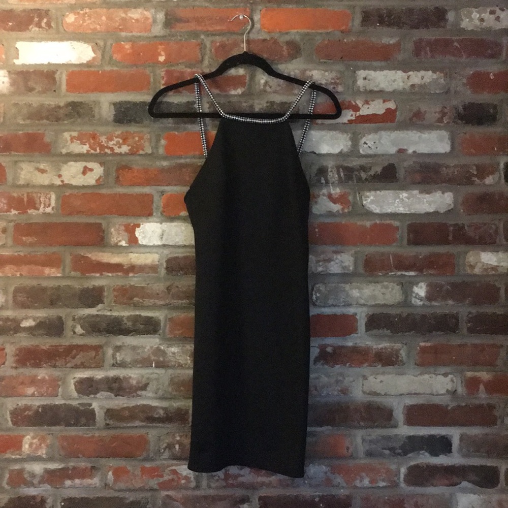 Topshop mini black dress with rhinestone straps